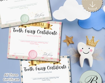 May include: Three "Tooth Fairy Certificate" designs with star and ribbon accents. The certificates are accompanied by a tooth figurine with a gold crown and wings, a gold star, and a "Digital Download" icon.