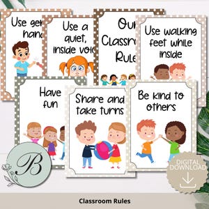 May include: A collection of classroom rule posters with illustrations of children. Each poster has a white background with a brown polka dot border and features text such as "Share and take turns" and "Be kind to others". The words "Classroom Rules" are at the bottom.