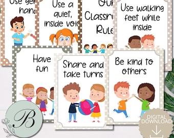 May include: A set of classroom rule posters with illustrations of children. Each poster has a white background with a brown polka dot border and features text such as "Share and take turns" and "Be kind to others". The words "Classroom Rules" are at the bottom.