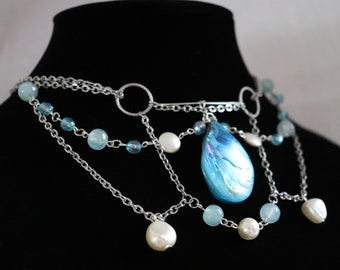 Necklace I Elegant Jewelry Renaissance Jewelry Fun Necklace Beach Blue Shell Chandelier Necklace Festoon Witchy Fairy Gift Ideas Pearl Beads