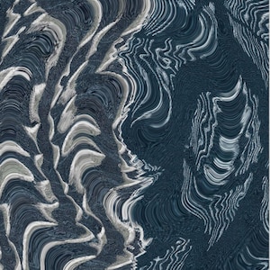 Puede incluir: Impresión digital abstracta con un patrón arremolinado en azul oscuro, gris y blanco. El diseño tiene una apariencia ondulada y texturizada, con líneas fluidas y una sensación de movimiento. La obra de arte evoca profundidad e interés visual.