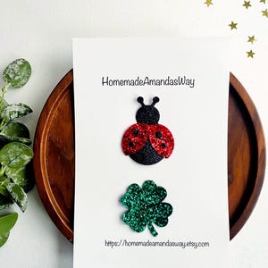 以下が含まれることがあります： 「HomemadeAmandasWay」というテキストとウェブサイトアドレスが書かれた白いカード。カードには、赤と黒のグリッターのてんとう虫と、緑のグリッターの四つ葉のクローバーが描かれています。