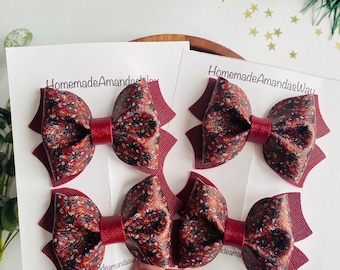Moody Winter Floral Piggy Bows| Small pigtail bows| Moody Floral bows| Burgundy floral bows|baby bows| headbands|bows for toddler| girl bows