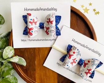 Red White and Blue Balloon Dog Bow| USA Themed Bows| Stars and Stripes Bows| Headbands| Nylon Headbands|
