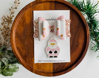 Pink Santa Bow Set| Pink Christmas Bow| Pink Santa Cookie Bow Set| Christmas Bow| Bow Gift Set| Baby Bows| Hair Clips| Stocking Stuffers