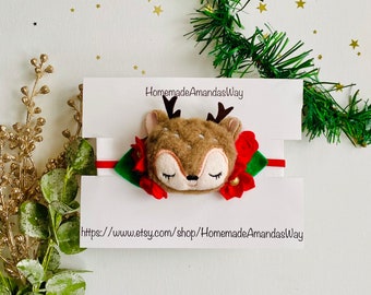 Reindeer Headband| Christmas Reindeer Headband| Bows on and Elastic Band| Christmas Hair Accessories| My First Christmas Bow| Rudolph Bow