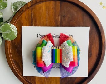 Back To School Bow, School Supplies Bow, Crayon Bow, Big Charm Bow, first day of school bow, hair accessories, school girl bow, headbands