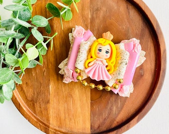 Sleeping Princess bow, Sleeping Beauty, Aurora Bow, pink bow, clay doll bow, charm bow, headband bow, baby bow, princess bow, birthday bows