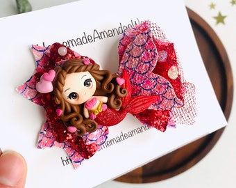Mermaid Stacked Bow, over the top bow, mermaid scales bow, bow with clay doll, baby bow, girls accessories, bows for girls, headbands, gifts