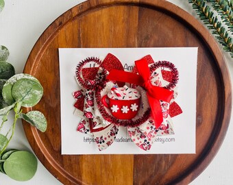 Mouse Ears Christmas Bow| Magical Christmas Friends Bow| Faux Leather Bow| | nylon headbands| Christmas Tree Friends Glitter Bow