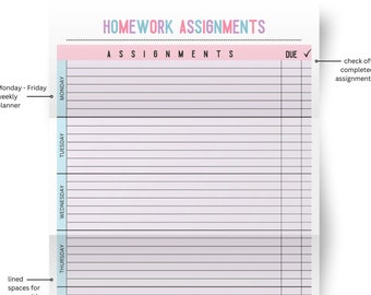 student homework diary Printable Homework Assignment Tracking Sheet | Kids Homework Planner | Student Planner | Homework Tracker | Schoolwork Printable
