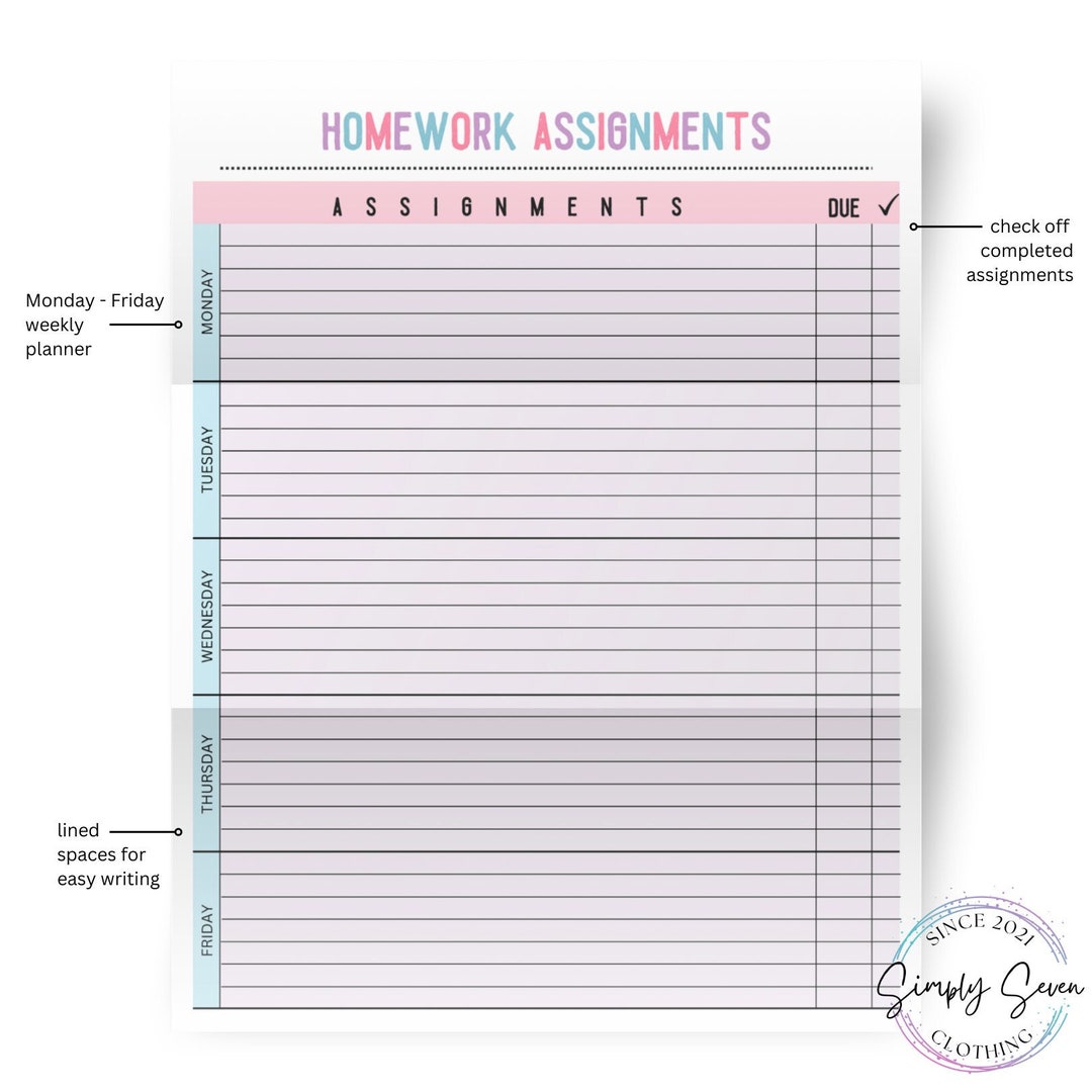 Printable Homework Assignment Tracking Sheet Kids Homework Planner ...