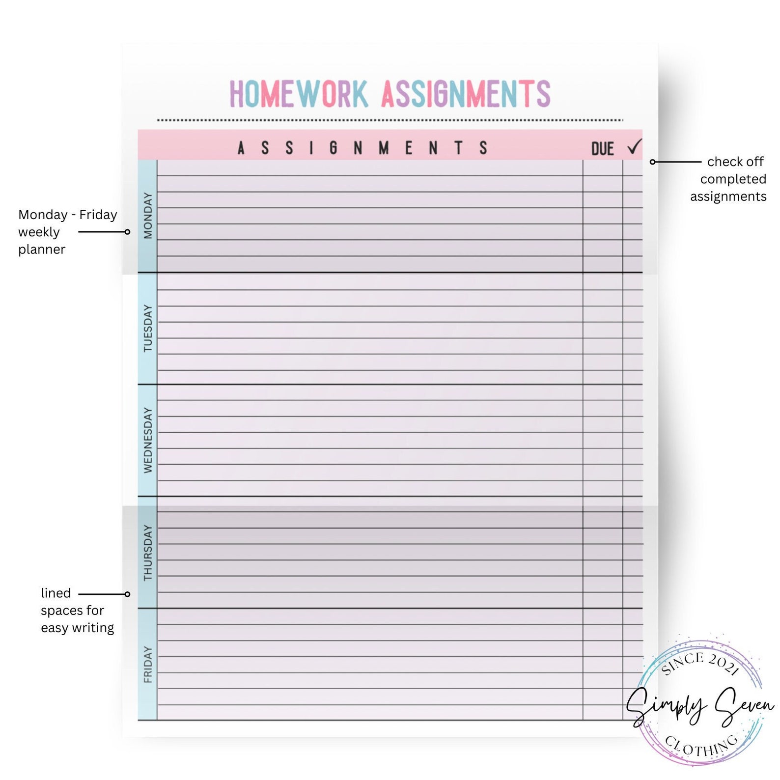 Printable Homework Assignment Tracking Sheet Kids Homework Planner ...