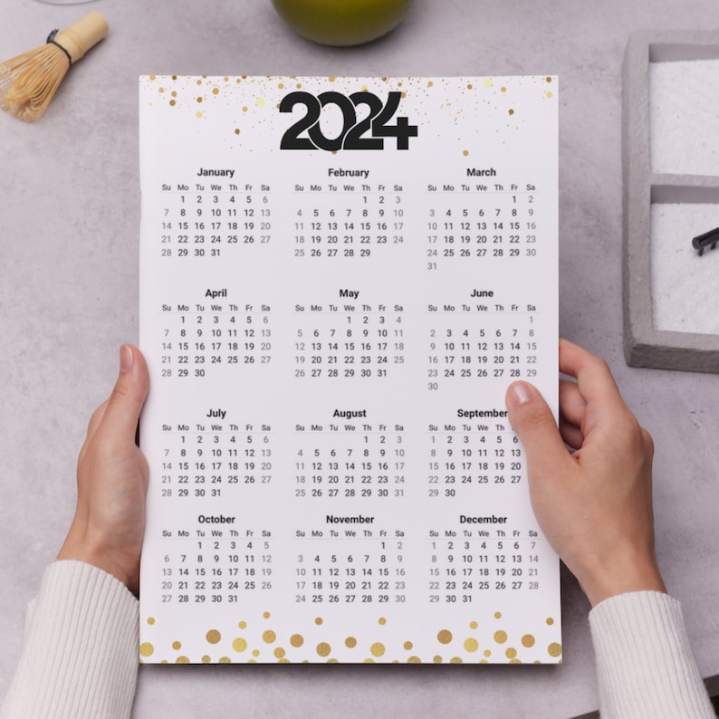 Printable 2024 Year at a Glance Gold Calendar Gold 2024 Yearly Calendar