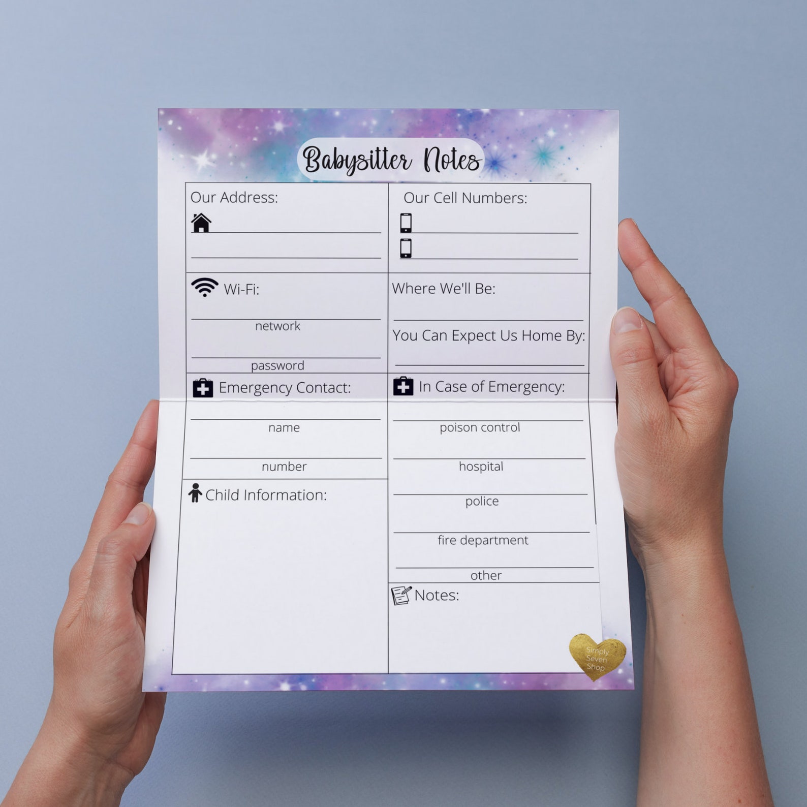 Cute Printable Babysitter Notes Download PDF Galaxy Babysitter Notes ...