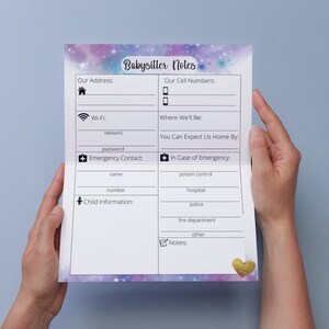 Cute Printable Babysitter Notes Download PDF Galaxy Babysitter Notes ...