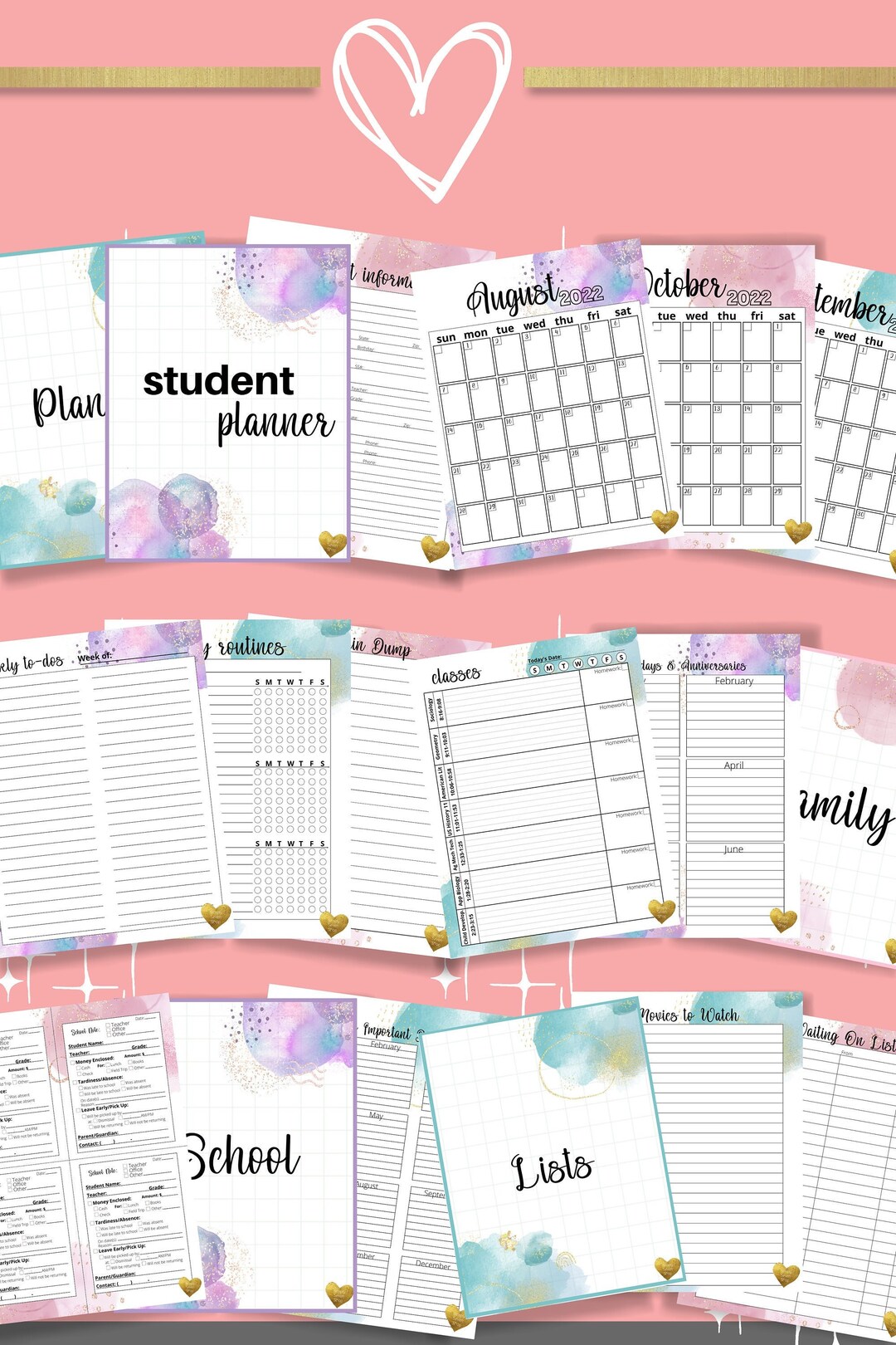 Watercolor Student Planner Binder System for High School Etsy