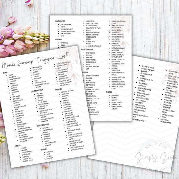 Printable Mind Sweep Trigger List | Mind Sweep List | Brain Dump List | Brain Dump Trigger List | Planning | Productivity | Planner | To-Do