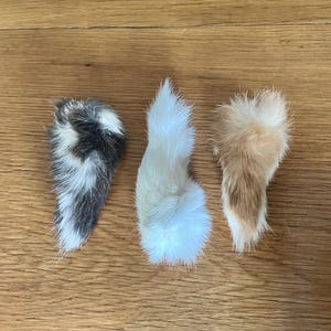 Puede incluir: Tres peque&ntilde;as y esponjosas patas de animales en varios colores: blanco y negro, blanco y marr&oacute;n claro con puntas marrones. Las patas est&aacute;n dispuestas sobre una superficie de madera, mostrando su suave textura y tonos naturales.