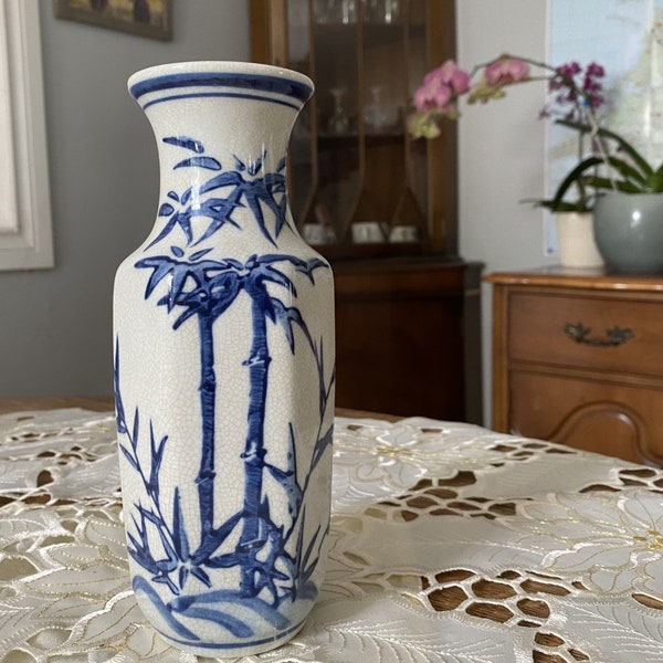 Early 20th Century Asian blue and cream crackle 6 sided vase