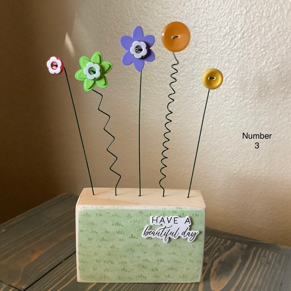 Button garden on wood block, button crafts