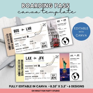 Modèle de carte d'embarquement, modèle de carte d'embarquement Canva, billet d'embarquement modifiable à faire soi-même, billet d'avion voyage surprise, carte d'embarquement pour anniversaire