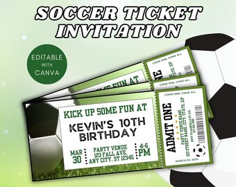 May include: Editable soccer ticket invitation template with green and white color scheme. The template features a soccer ball graphic and text that reads "Kick Up Some Fun At Kevin's 10th Birthday". The ticket is 8.35 inches by 3.5 inches and can be printed at home.