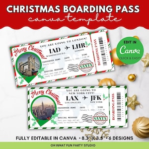 Weihnachts-Bordkartevorlage, Canva-Bordkartevorlage, bearbeitbares DIY-Bordkarte, Überraschungsreise-Flugflugticket, Weihnachtsticket