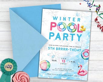 Winter Pool Party Birthday Invitation, Swimming Birthday Party, Girl's Pool, Pink Pool Party, Pool Party Winter Invite, Pool Party In Winter