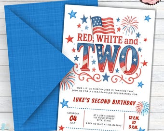 Red White and Two Birthday Invitation, E Invite Fourth of July, Red White and Two Invite, 4th of July Patriotic 2nd Birthday Invite