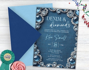 Sweet 16 Denim and Diamonds Birthday Invitation, Denim and Diamonds Party Flyer, Blue Denim and Diamond Sweet 16,Denim And Pearls Invitation