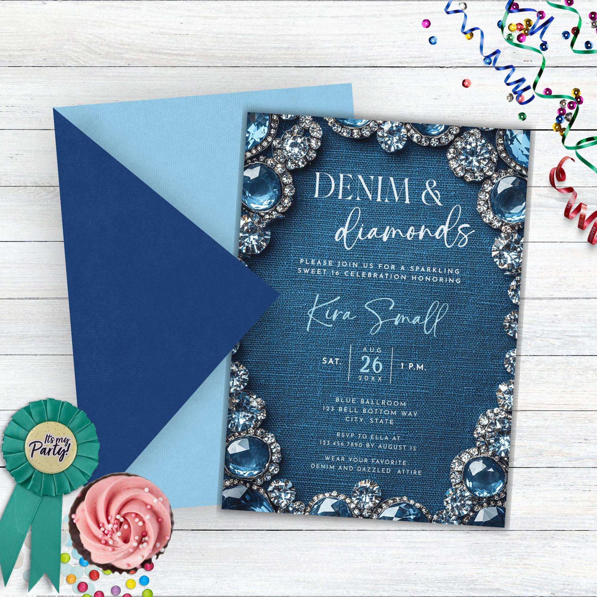 Sweet 16 Denim and Diamonds Birthday Invitation, Denim and