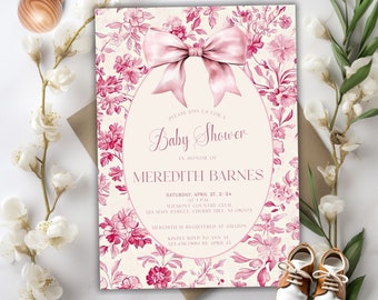 Pink Floral Toile Baby Shower Invitation, Pink Toile de Jouy Baby Shower Invitation, Coquette Baby Shower, Pink Toile Baby Shower Invitation