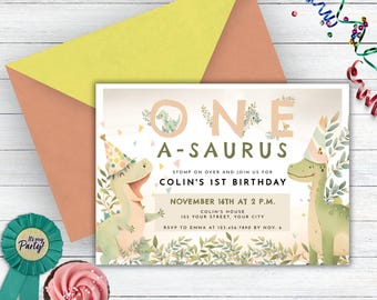One A Saurus Birthday Invitation, Pastel Dinosaur First Birthday, Dino First Birthday Invitation, Dinosaur with Party Hat Invitation