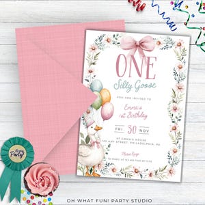 One Silly Goose Birthday Invite Digital, One Silly Goose Birthday Invitation, 1st Birthday Invite, Floral Silly Goose First Birthday Bundle