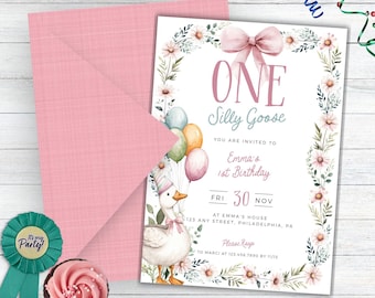 One Silly Goose Birthday Invite Digital, One Silly Goose Birthday Invitation, 1st Birthday Invite, Floral Silly Goose First Birthday Bundle