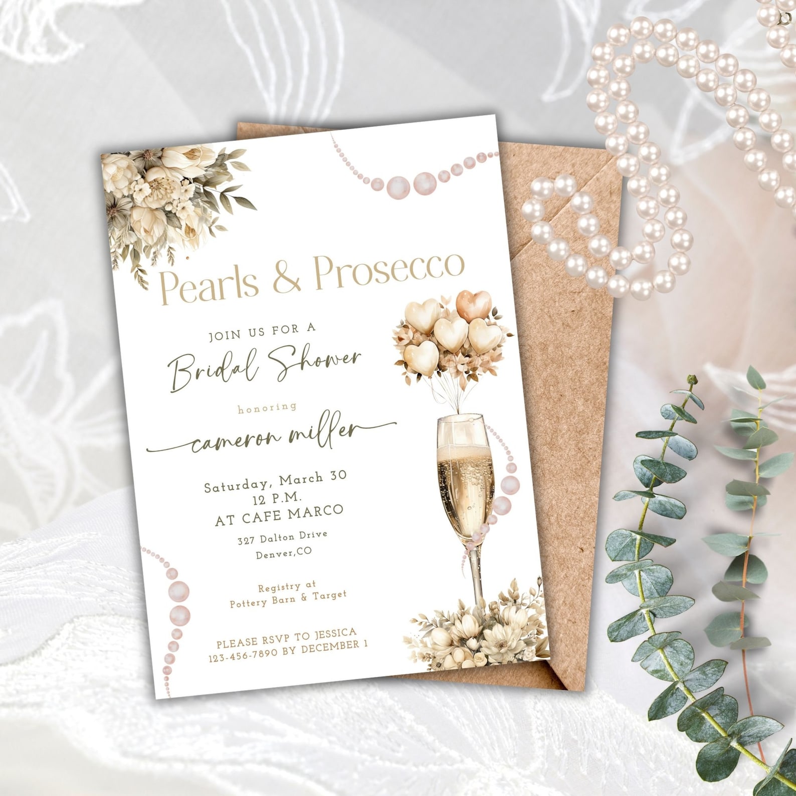 Pearls and Prosecco Bridal Shower Invite, Pearls and Prosecco ...