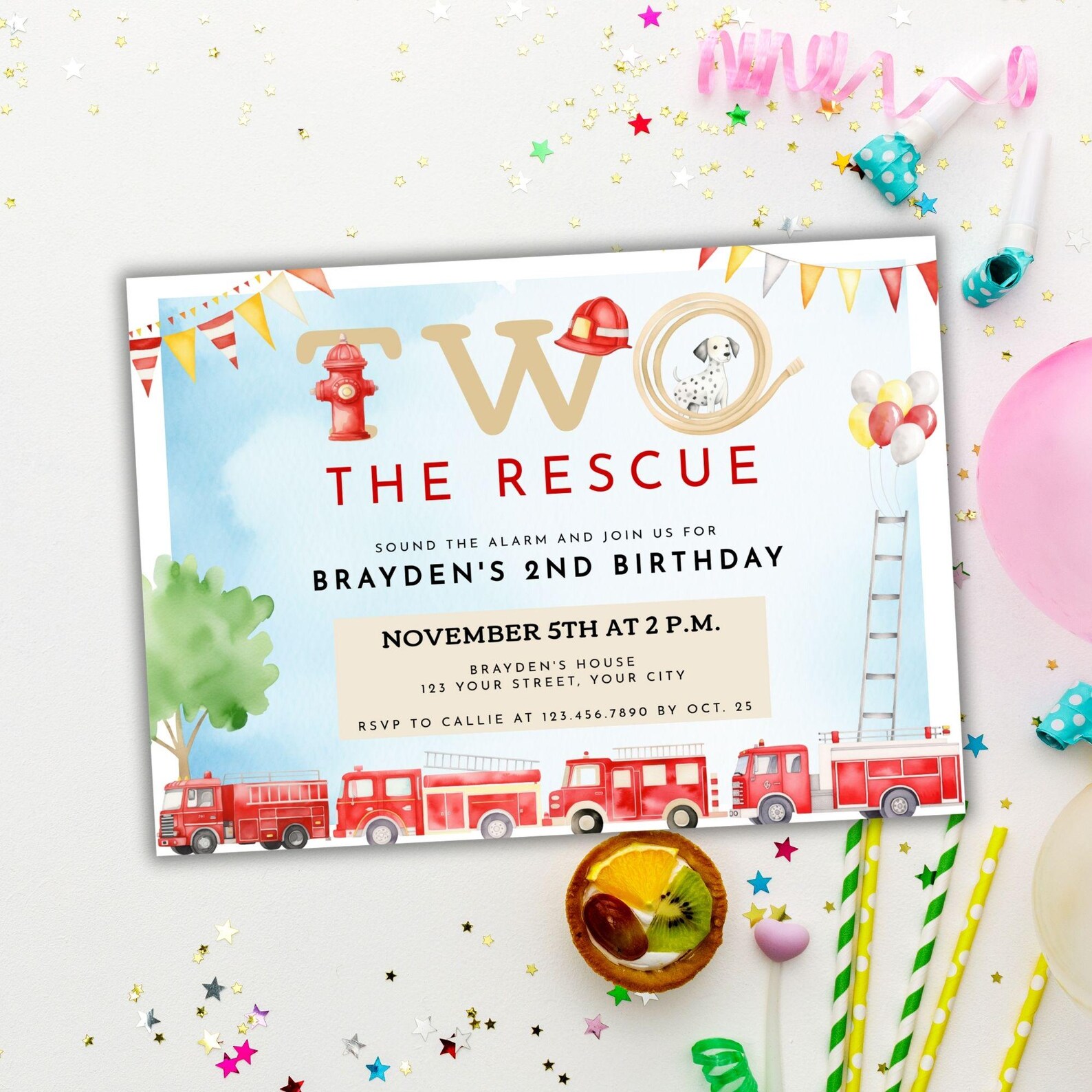 Fire Rescue Invitations Two the Rescue Birthday Invitation, Firetruck Birthday Invitation ...