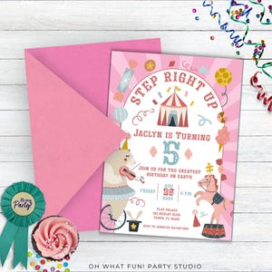 Carte d'invitation anniversaire cirque rose, faire-part d'anniversaire billet de cirque, faire-part billet de carnaval pastel, faire-part carnaval pastel