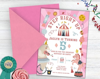 Tarjeta de invitación de cumpleaños de circo rosa, invitación de cumpleaños con entrada de circo, invitación con entrada de carnaval pastel, invitación de carnaval pastel