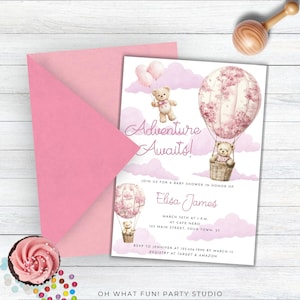Hot Air Balloon Toile Baby Shower, Pink Toile de Jouy Baby Shower Invitation, Hot Air Balloon Invitation, Pink Toile Baby Shower Invitation