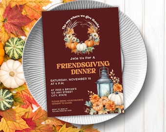 Friendsgiving Flanell-Einladung, Friendsgiving Dinner-Einladung, bearbeitbare Thanksgiving Dinner-Einladungsvorlage, Friendsgiving Invite