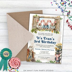 Three Little Pigs Birthday Party, Three Little Pigs Invitation, Nursery Rhyme Third Birthday Invitation,3rd Birthday Pig Birthday Invitation