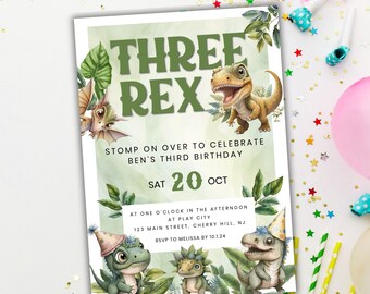Invitación para fiesta de cumpleaños de tres dinosaurios, invitación con sombrero de fiesta de dinosaurios, invitación de cumpleaños para niños pequeños con dinosaurios