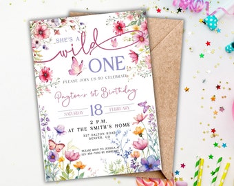 Wild One Birthday Invitation Wildflowers, Wild One Birthday Invitation Flowers, Wild One First Birthday Girl Invite