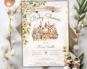 Inbjudan till babyshower med förtrollad skog, set med boho-inbjudningar till babyshower med skogsmark, inbjudan till babyshower med skogsdjur, förtrollad skog