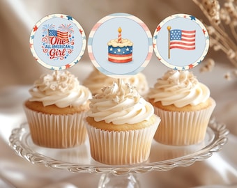 One All American Girl Cupcake Toppers, One All American Girl Invitation, All American Girl 1st Birthday Decor, 4th Of July Cupcake Toppers