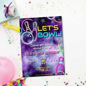 Glow in the Dark Bowling Invite, Bowling Party Invitation Retro, Kids