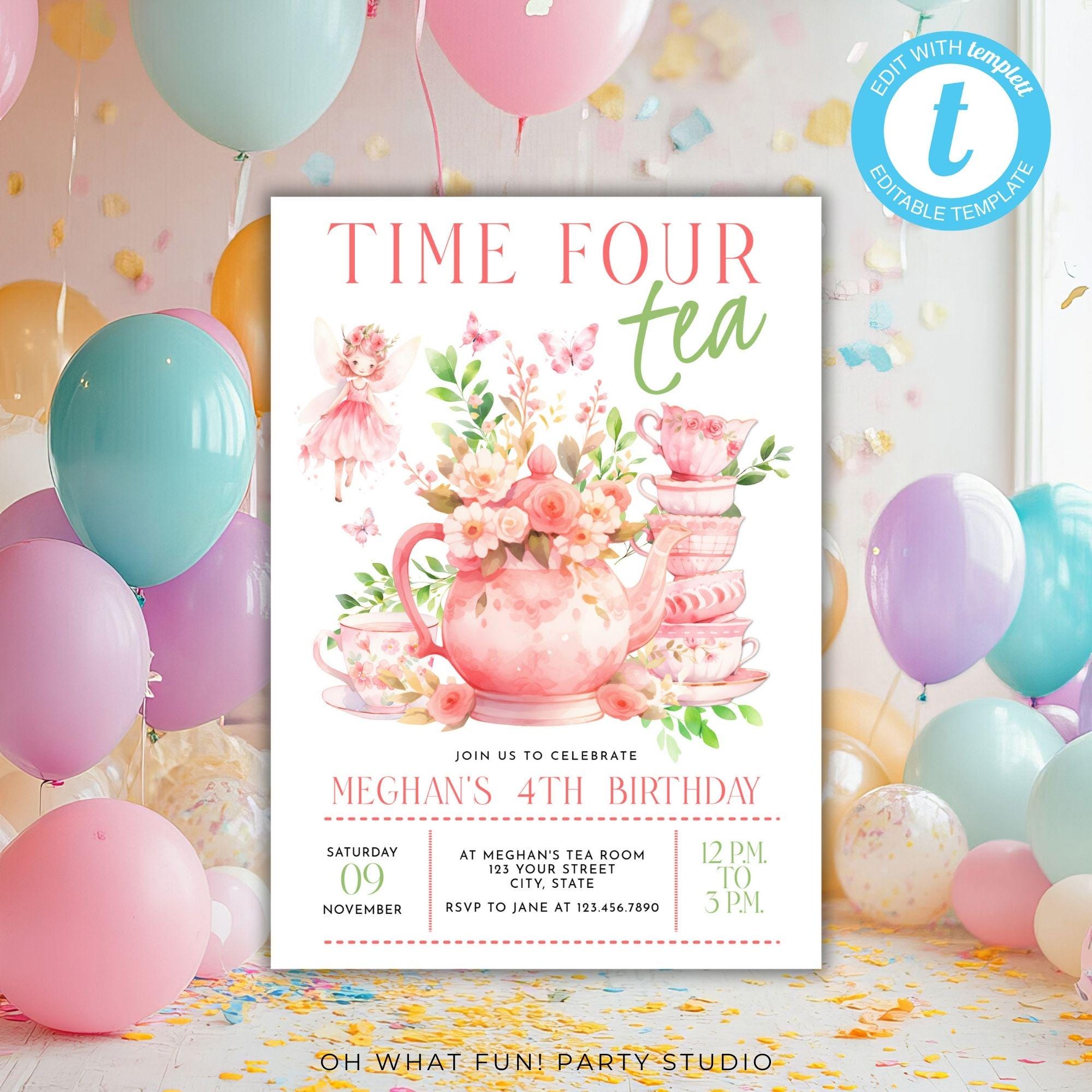 Time Four Tea Invitation Time Four Tea Party Invitation 4th Birthday, Fairy Birthday Invitation ...