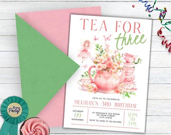 Tee für drei Einladungen, Tee für drei Geburtstagsfeier-Einladung, Tee-Party-Geburtstags-Einladung, Mädchen Par-Tea einladen, Geburtstags-Tee-Party